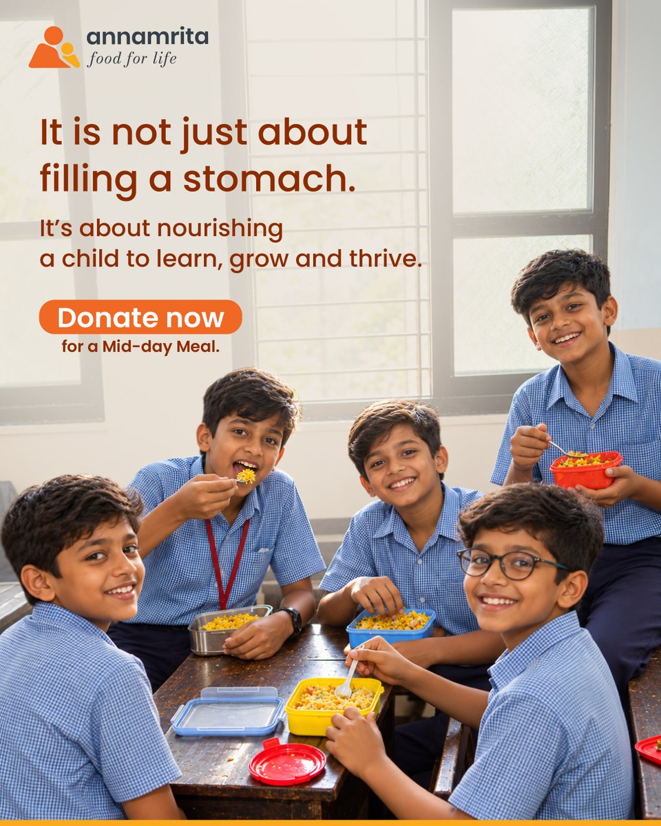 AnnamritaISKCON's tweet photo. Every child deserves a meal that nourishes more than hunger. Your support can help provide nutritious Mid-Day Meals that give children the strength to learn, grow and build a brighter tomorrow.
To Donate now - https://t.co/sJD3O81XU5
#AnnamritaFoundation #FoodForLife #MidDayMeal https://t.co/6084TNMJs7