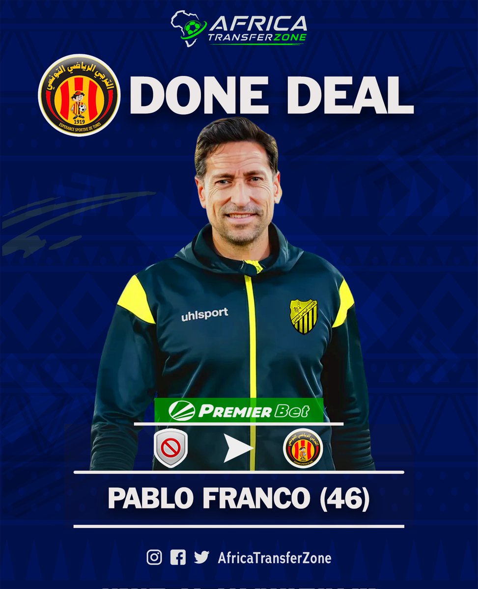 Africatranszone's tweet photo. 𝐇𝐞𝐫𝐞 𝐰𝐞 𝐠𝐨 : Espérance de Tunis have reached an agreement with Pablo Franco Martín to become their new head coach.

The Spanish coach has signed a contract valid until the end of the current season.

Powered by @premierbettz 

#Africatransferzone #africanfootball #africa https://t.co/xiPOaK2E7J