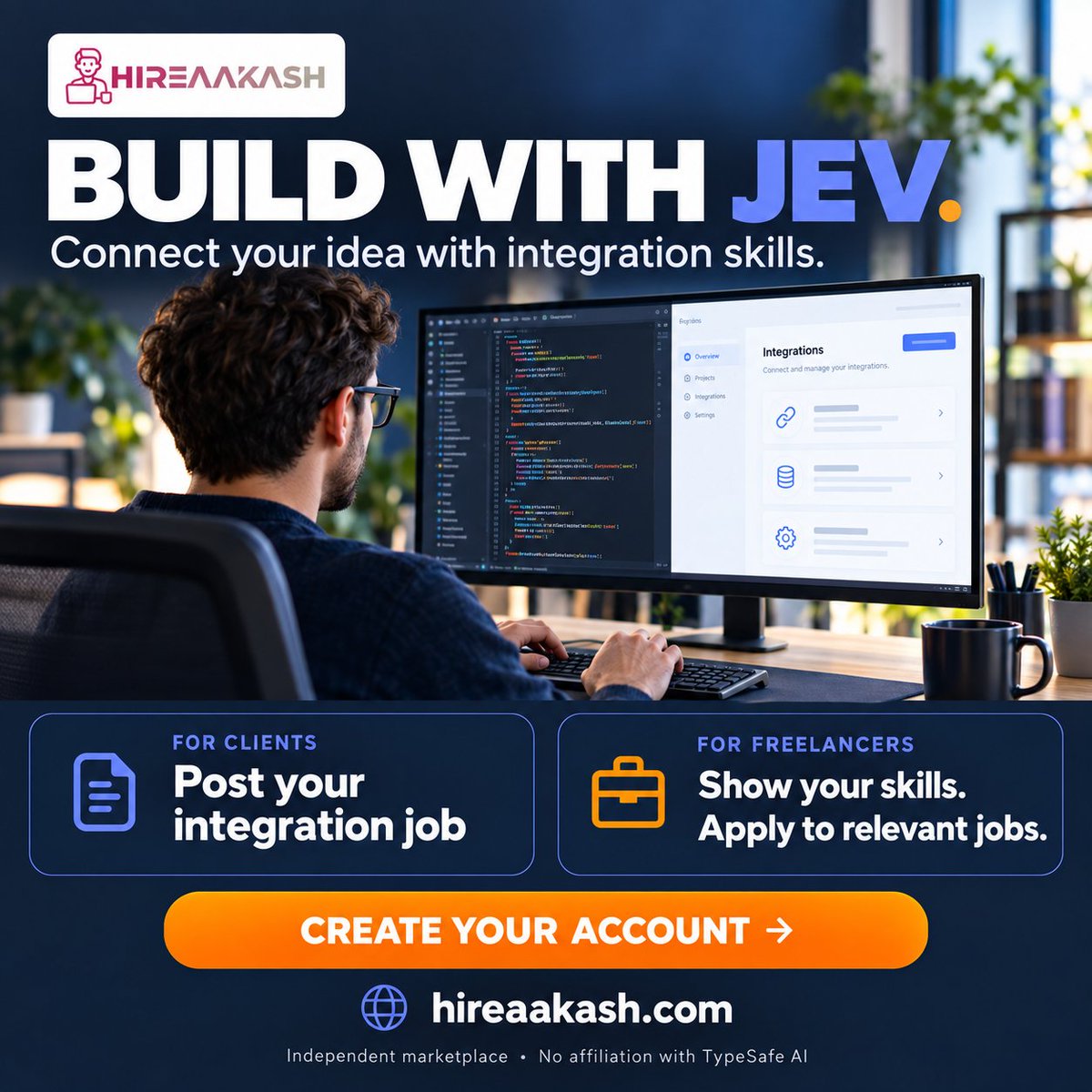 AkSolution93442's tweet photo. Building with Jev?

Clients: post your integration requirements on HireAakash.
Freelancers: showcase relevant AI integration skills and apply to suitable jobs.
Join: https://t.co/zMlRV5u2Ap

Independent marketplace; not affiliated with TypeSafe AI. https://t.co/a71D0TPaPJ