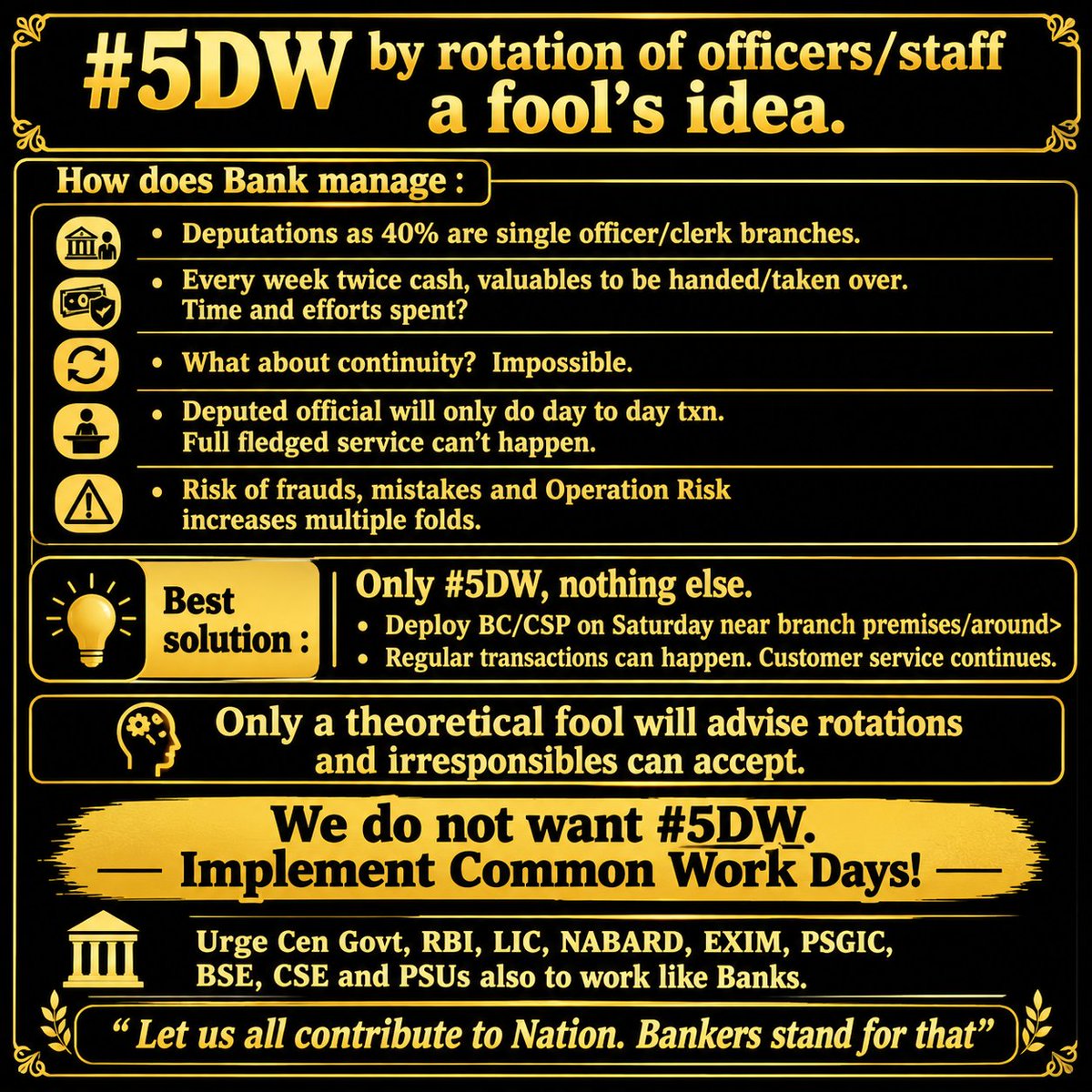 Fair_Banker's tweet photo. @DFS_India , @Official_SecDFS @FinMinIndia 
Approve #5DW. No roster/rotations. Practically impossible. See👇
Or, We don't want #5DW.  Withdraw 5DW to Cen Govt @RBI @LICIndiaForever @NABARDOnline #PSGIC #EXIM @BSEIndia @NSEIndia #PSUs etc.

Let us all work for nation
@ChairmanIba https://t.co/klkIzWOTKu