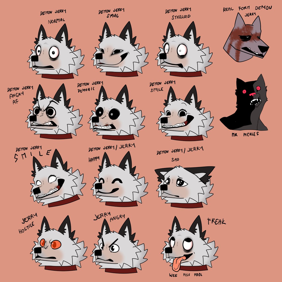 CzechSylveon's tweet photo. From what i've got so far, i drew my take on Jerrys expresisons wee + the demons

#jerrythedog https://t.co/GlrGCOLEOL