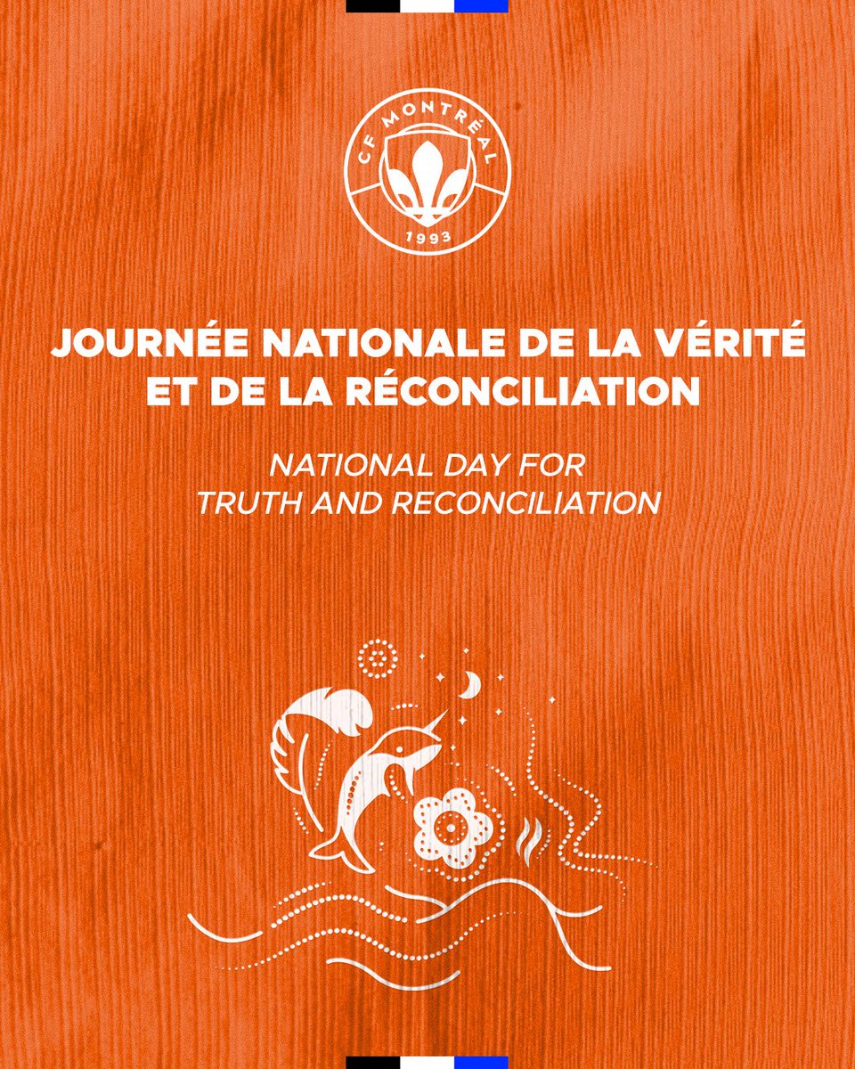 cfmontreal's tweet photo. En ce 30 septembre, le CF Montréal souligne la Journée nationale de la vérité et de la réconciliation en honorant la mémoire des enfants disparus. Nous souhaitons exprimer notre solidarité envers les survivantes et les survivants, leurs familles ainsi que les communautés des Premières Nations, des Inuits et des Métis.   Ensemble, continuons d'avancer avec écoute, humilité et détermination sur le chemin de la réconciliation.
 
--
 
Today, CF Montréal marks the National Day for Truth and Reconciliation by honoring the memory of the missing children and standing in solidarity with survivors, their families, and First Nations, Inuit, and Métis Peoples. 
 
Together, let us continue along the path to reconciliation by listening with openness and moving forward with humility and determination.

#CFMTL