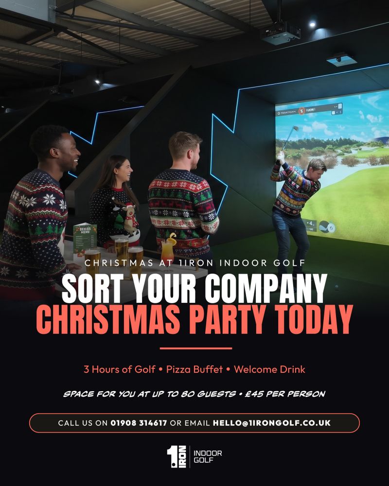 DestinationMK's tweet photo. If your team's Xmas party is still at the "we'll sort it later" stage, later is now! 🏌🎄️

Bring your team to 1IRON Indoor Golf for 3 hours of golf, food and a drink, no dress code, and everyone actually joins in - just £45 pp! 👍

Call 01908 314617 or https://t.co/qa912rggTI https://t.co/jXNCKwOA1C