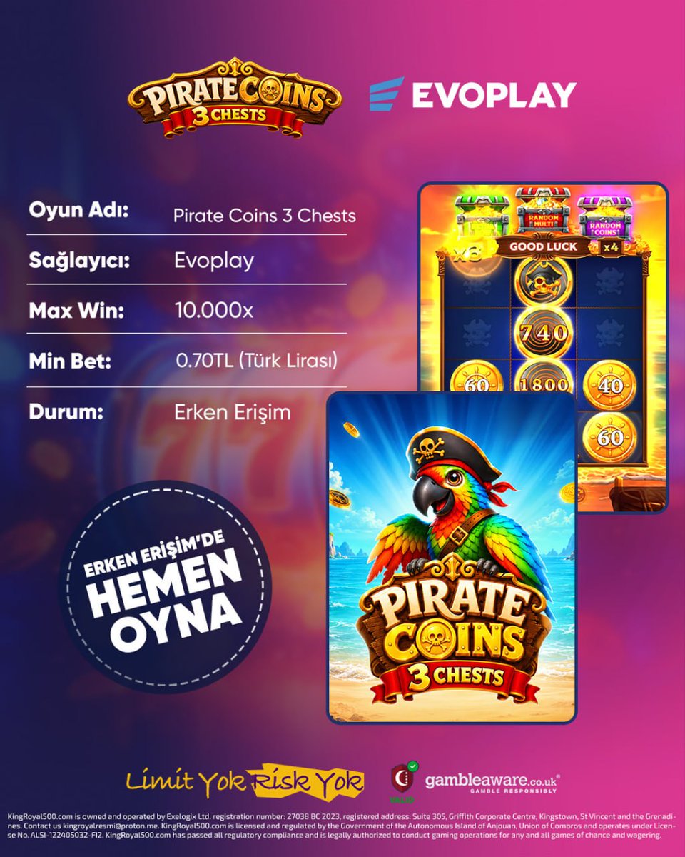 KRoyal_TR's tweet photo. 🏴‍☠️ HAZİNE AVI ERKEN BAŞLADI! 🏴‍☠️

🦜Evoplay’den Pirate Coins 3 Chests erken erişimde!
💸10.000x Max Win
💰0.70 TL Min Katılım 

Üç sandık, tek hedef: #KingRoyal’de büyük hazine!

🔗Güncel link profilde!
Eşref Tek Dilan Polat Dubai-Tel Aviv WhatsApp https://t.co/QtKLwzsFn3
