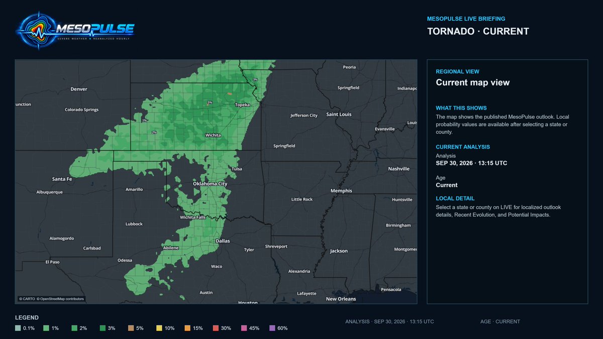 MesoPulse's tweet photo. ⚠️ TORNADO CORRIDOR SHIFTS NORTHEAST

A 5% focus sits over north central Kansas within a broader 1 to 3% corridor. Later today, risk shifts toward SE Nebraska, SW Iowa and NW Missouri.

A few tornadoes and damaging winds are possible.

Reanalyzed hourly: https://t.co/USN4yAezMs #KSwx #NEwx