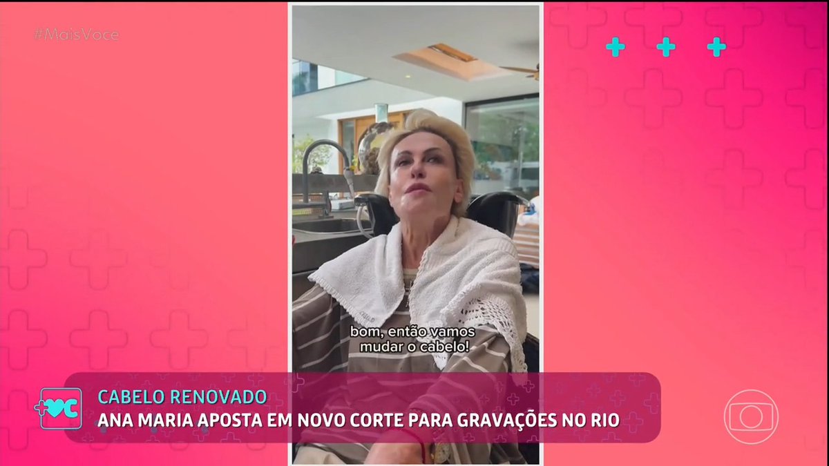 A Brazilian TV segment featuring Ana Maria Braga with text 'bom, então vamos mudar o cabelo!' and a banner reading 'CABELO RENOVADO - ANA MARIA APOSTA EM NOVO CORTE PARA GRAVAÇÕES NO RIO'.