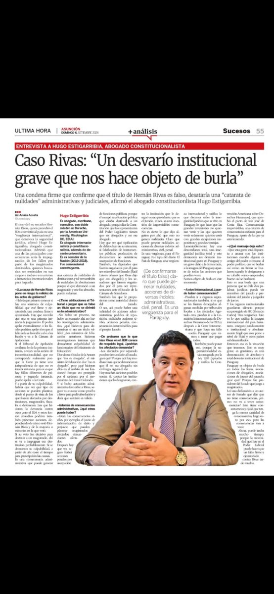 _hestigarribia's tweet photo. UN ESCÁNDALO QUE AFECTA AL PARAGUAY,NO DEBE SER LIMITADO AL CONDENADO RIVAS,Y DEBE INCLUIR A TODOS SUS RESPONSABLES,POR ACCIÓN U OMISIÓN,pues que un no Abogado haya sido miembro y Presidente del JEM,revela grave fragilidad institucional y falencia democrática. NO A IMPUNIDAD! https://t.co/yfVeF5jBu3
