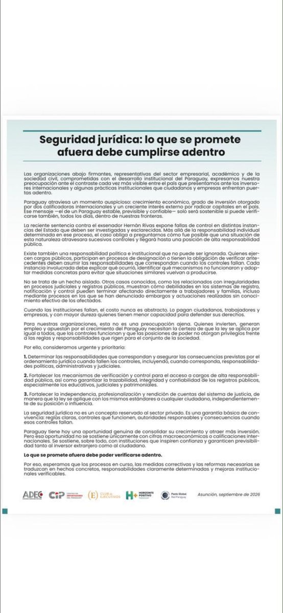 _hestigarribia's tweet photo. UN ESCÁNDALO QUE AFECTA AL PARAGUAY,NO DEBE SER LIMITADO AL CONDENADO RIVAS,Y DEBE INCLUIR A TODOS SUS RESPONSABLES,POR ACCIÓN U OMISIÓN,pues que un no Abogado haya sido miembro y Presidente del JEM,revela grave fragilidad institucional y falencia democrática. NO A IMPUNIDAD! https://t.co/yfVeF5jBu3