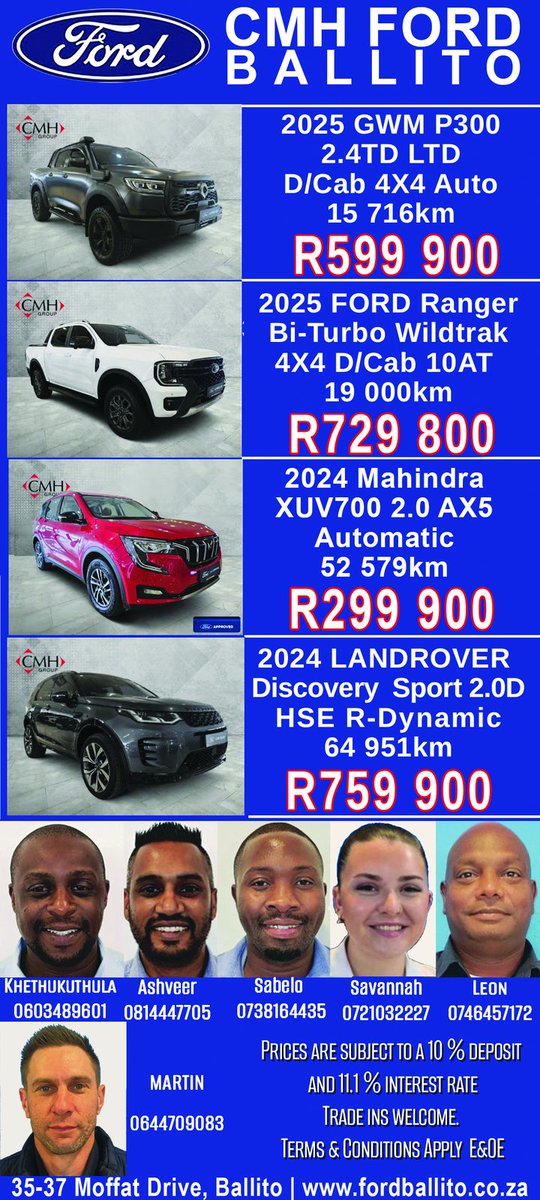 bugletwit's tweet photo. Fresh pre-owned at CMH Ford Ballito: 2025 GWM P300 LTD R599,900, 2025 Ranger Bi-Turbo Wildtrak R729,800, 2024 Mahindra XUV700 AX5 R299,900, 2024 Discovery Sport HSE R759,900. Trade-ins welcome. 35-37 Moffat Drive, Ballito. #CMHFord #PreOwned #TheBugle https://t.co/bKH85kt9ye