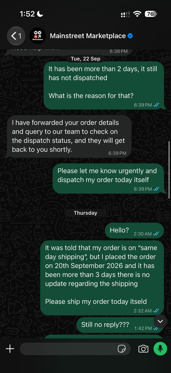 ayush_ganatra's tweet photo. (1/3)
@vedulamba I’m extremely disappointed with this experience from Mainstreet Marketplace.

I placed Order #MS127723 on 20 Sept for a Yeezy Slide explicitly listed as “Same Day Shipping.” Yet, as your customer-care chats confirm, I was told it would be shipped by last Friday— https://t.co/rcQbMudmpL