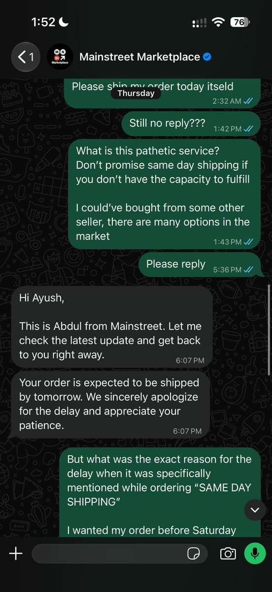 ayush_ganatra's tweet photo. (1/3)
@vedulamba I’m extremely disappointed with this experience from Mainstreet Marketplace.

I placed Order #MS127723 on 20 Sept for a Yeezy Slide explicitly listed as “Same Day Shipping.” Yet, as your customer-care chats confirm, I was told it would be shipped by last Friday— https://t.co/rcQbMudmpL