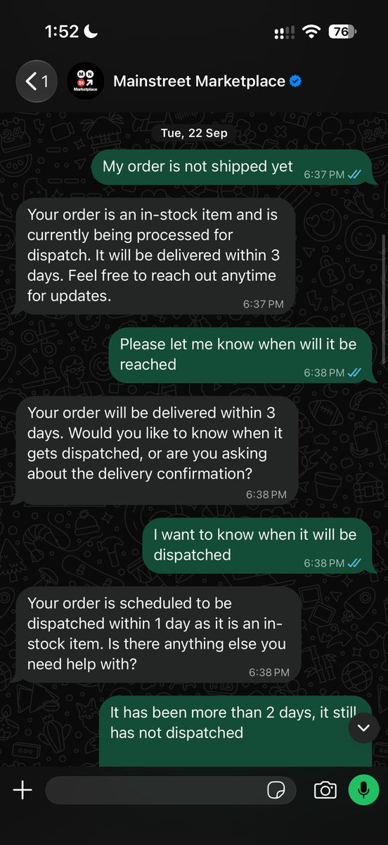 ayush_ganatra's tweet photo. (1/3)
@vedulamba I’m extremely disappointed with this experience from Mainstreet Marketplace.

I placed Order #MS127723 on 20 Sept for a Yeezy Slide explicitly listed as “Same Day Shipping.” Yet, as your customer-care chats confirm, I was told it would be shipped by last Friday— https://t.co/rcQbMudmpL