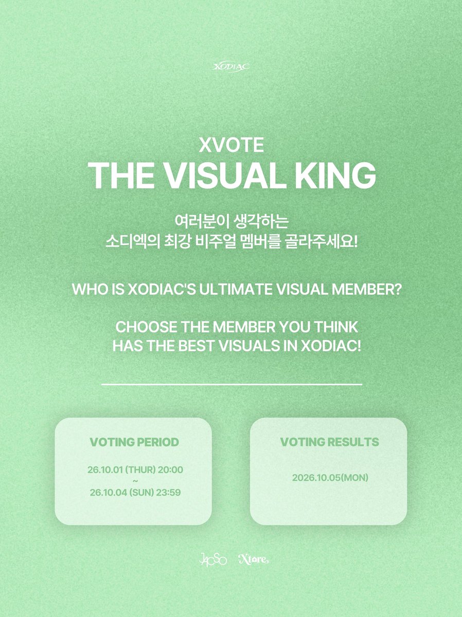 Xtoreofficial's tweet photo. 👑The Visual King 👑

🗳️ VOTING PERIOD
Oct 1, 20:00 – Oct 4, 23:59 HKT

🏆 RESULTS - October 5

🗳️ HOW TO VOTE
• One person can vote up to 3 members per session.
• 1 vote per day during the voting period.

#XODIAC #소디엑
#XODIAC_TheVisualKing 
#XVOTE #XTORE https://t.co/sxifi2onBn