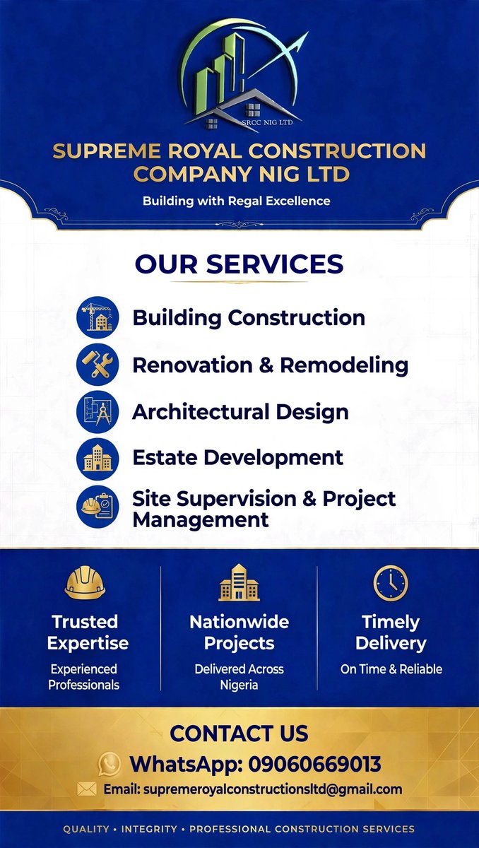 SRCCNIGLTD's tweet photo. SUPREME ROYAL CONSTRUCTION COMPANY NIG LTD*
Building with Regal Excellence

 We don't just build structures, we build trust.
✅ Building Construction
✅ Renovation &amp; Remodeling
✅ Architectural Design
✅ Estate Development
✅ Project Management

 Benin-based | Projects Nationwide https://t.co/vWNZX87V5t