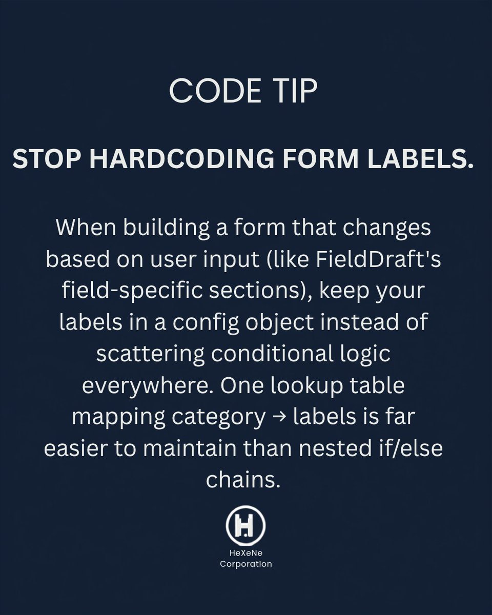 hexenecorporate's tweet photo. Building FieldDraft's adaptive form taught me this 📋 Keep changing labels in a config object, not scattered if/else logic. One lookup table beats a maze of conditionals. What's your go-to for config-driven UI? #codetip #javascript #buildinpublic #webdev https://t.co/JbDaorO2oW