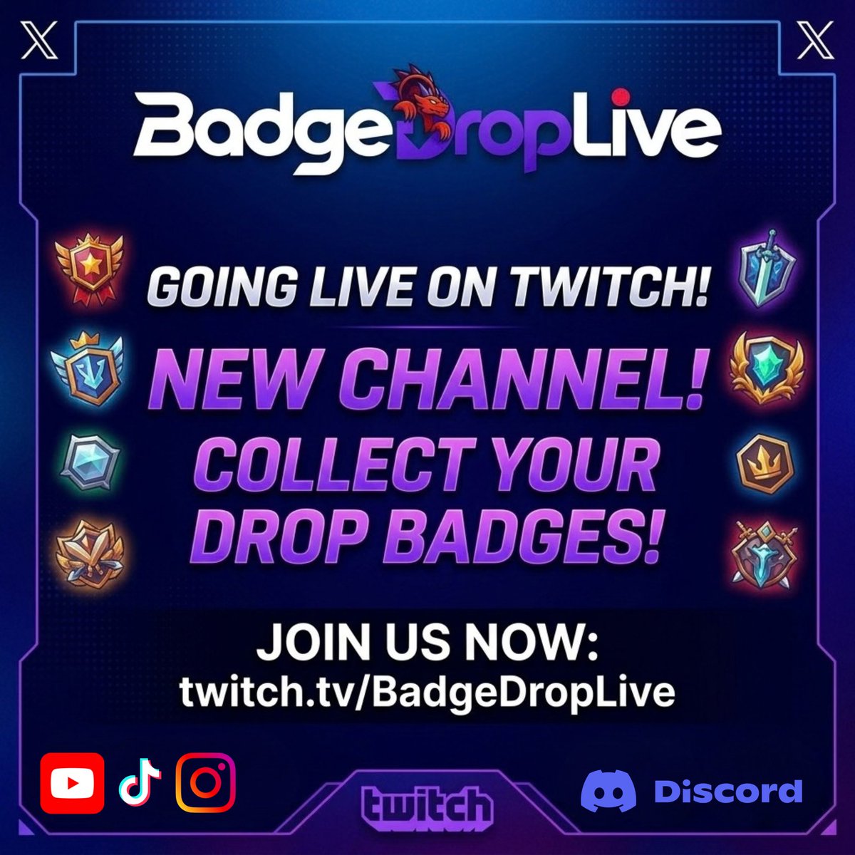 BadgeDropLive's tweet photo. 🚀 The wait is over BadgeDropLive is HERE! 🚀

We've launched our official Twitch channel! Jump into the chat, enjoy the stream, and start collecting your Twitch Drop Badges right now! 🏆

🟣 Twitch: https://t.co/7HSvVsnLlH

💬 Discord: https://t.co/zGc1Pm4ulj https://t.co/lWtYrGMALs