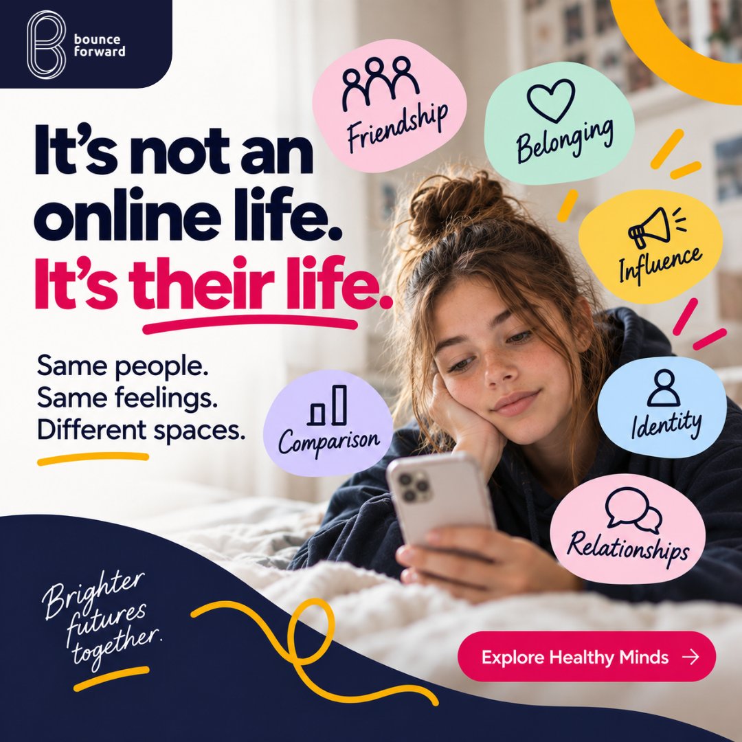 bounceforward's tweet photo. We still sometimes talk about young people’s “online lives” as though they’re separate from real life. Media literacy is increasingly life literacy.

That’s why media influence is part of the psychological fitness learning within Healthy Minds.
https://t.co/QOphDTa587 https://t.co/BluBkVI0Su