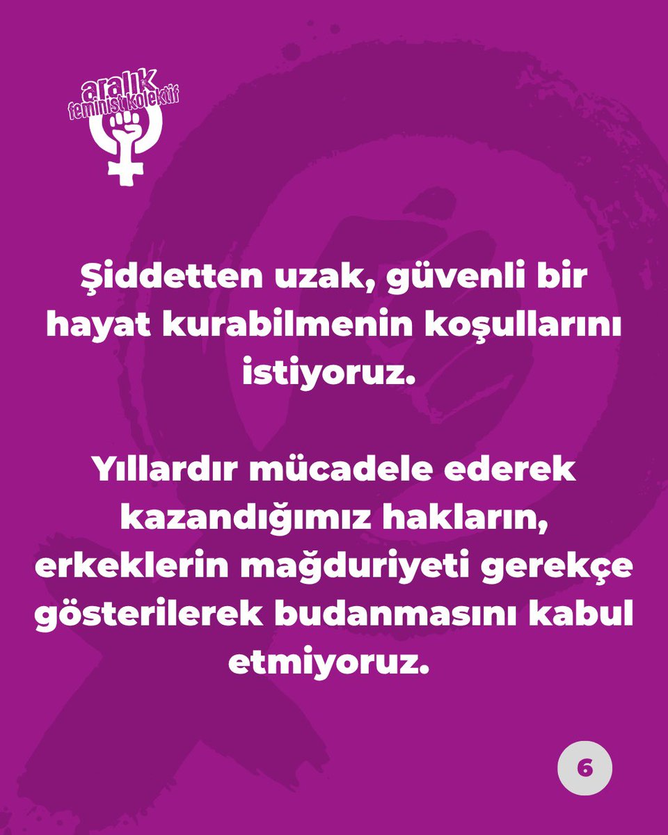 aralikfeminist3's tweet photo. Şiddet karşısında yalnız bırakıldığımız her günden alacağımız var. Şiddetten uzak, güvenli bir hayat kurabilmenin koşullarını istiyoruz. 

Yıllardır mücadele ederek kazandığımız hakların, erkeklerin mağduriyeti gerekçe gösterilerek budanmasını kabul etmiyoruz. https://t.co/VpIl6NRHk1