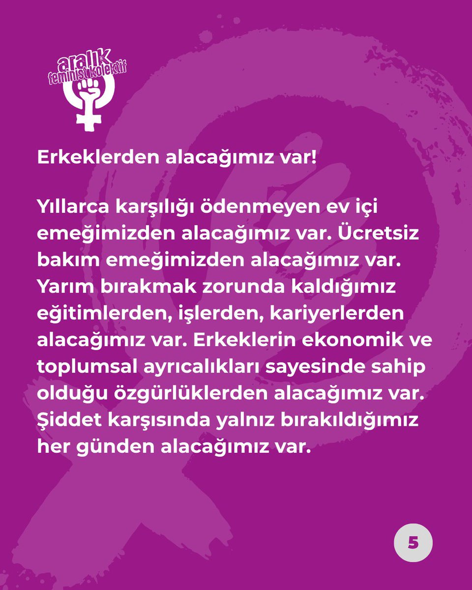 aralikfeminist3's tweet photo. Şiddet karşısında yalnız bırakıldığımız her günden alacağımız var. Şiddetten uzak, güvenli bir hayat kurabilmenin koşullarını istiyoruz. 

Yıllardır mücadele ederek kazandığımız hakların, erkeklerin mağduriyeti gerekçe gösterilerek budanmasını kabul etmiyoruz. https://t.co/VpIl6NRHk1