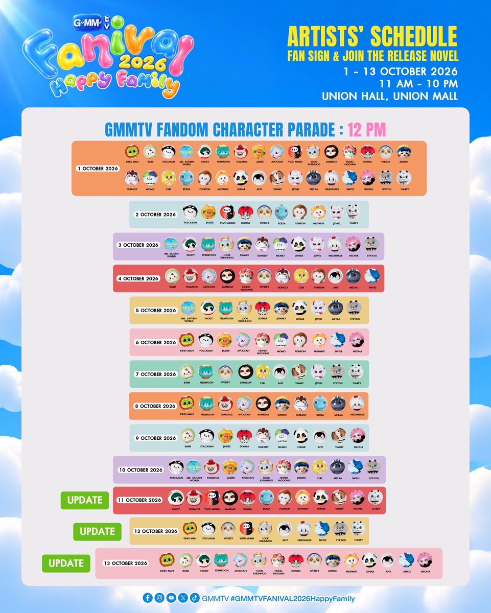 ForKhaotungg_'s tweet photo. GMMTV FANIVAL 2026 : Happy Family🥳

#YUZUMUMU 
📆 1  OCT 2026
📆 2 OCT 2026
📆 11  OCT 2026
📆 12  OCT 2026

GMMTV FANDOM CHARACTER PARADE
🕛 12 PM
📍Union Hall, Union Mall

#️⃣GMMTVFANIVAL2026HappyFamilyxYUZUMUMU

#️⃣GMMTVFANIVAL2026HappyFamily 

(HASHTAG : All Day)

#FirstKhaotung #เฟิร์สข้าวตัง
 #khaotungg #เด็กน้อยของขต