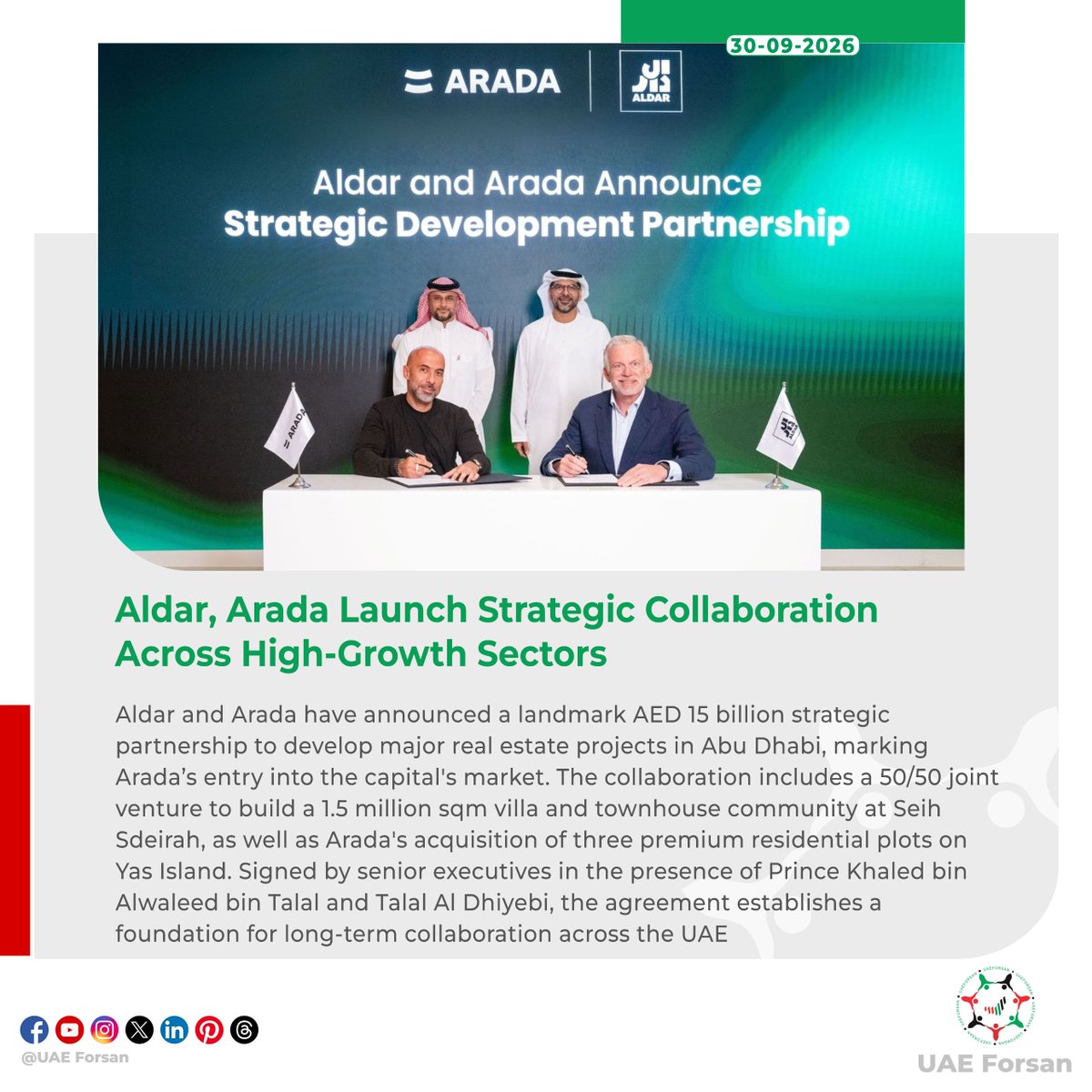 UAE_Forsan's tweet photo. Aldar, Arada Launch Strategic Collaboration Across High-Growth Sectors 
#Aldar #Arada #RealEstate #AbuDhabi #UAE 
@aldar 
@AradaLiving https://t.co/7aXEAI5IrB