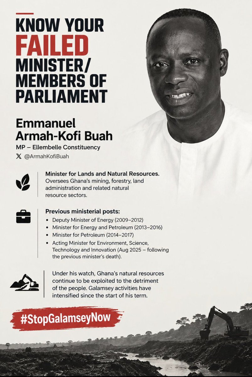 Bobthebuil19383's tweet photo. This week, we’re dedicating it to you, @ArmahKofiBuah, until you tell us what happened to the investigation into the Amansie Central DCE and, more importantly, what happened to the KPIs that were supposed to be used to assess MMDCEs in areas affected by illegal mining. #HoldThemAccountable #StopGalamseyNow