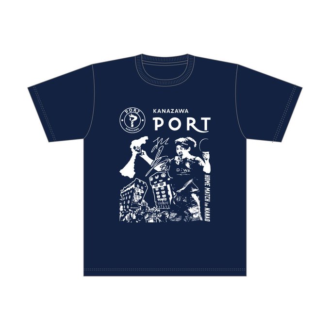 A navy blue t-shirt featuring a graphic design with the text 'KANAZAWA PORT' and 'SHORT', depicting a soccer player celebrating a goal.