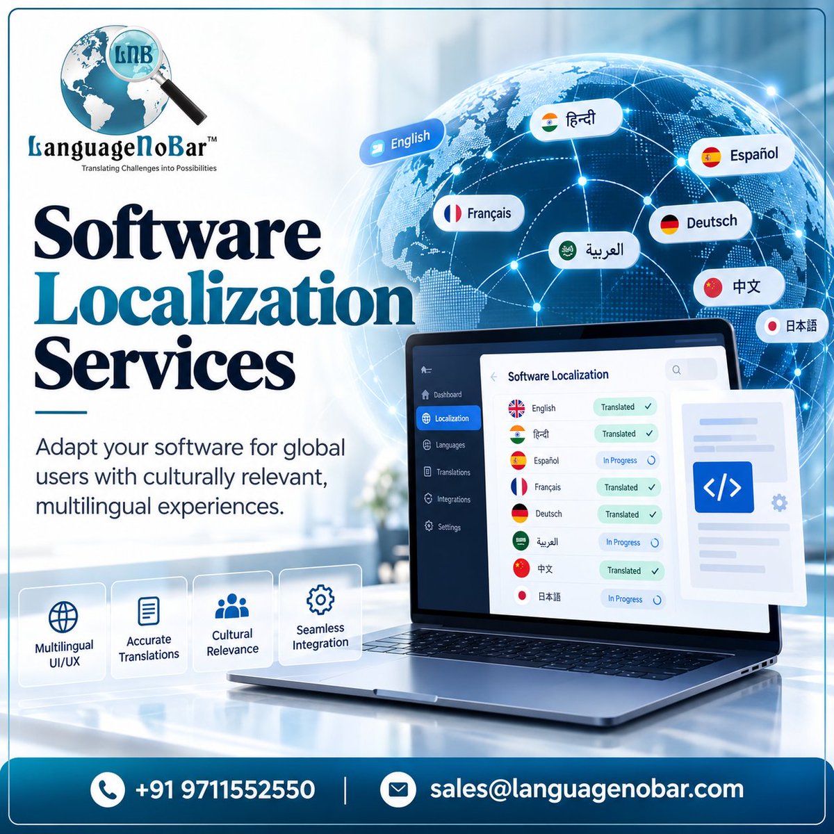 LanguageNoBar's tweet photo. 🌍 Software Localization Services for a Global Digital Experience

Our Software Localization Services help businesses adapt:

📞 +91 9711552550
📧 sales@languagenobar.com
#SoftwareLocalization #LocalizationServices #SoftwareTranslation #UIUXLocalization #MultilingualSoftware https://t.co/bKJTgDkZ7R