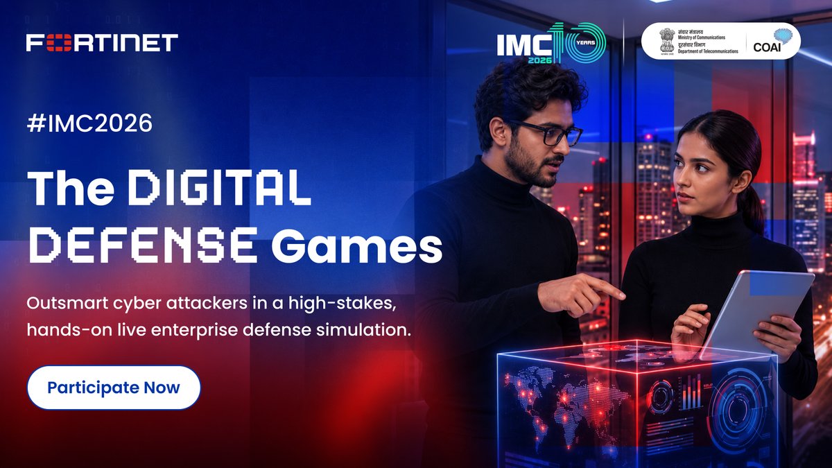 exploreIMC's tweet photo. Think fast. Defend smarter. Take the challenge. 🔐

Step into @Fortinet's Digital Defense Games at IMC 2026 and test your cybersecurity skills in a high-stakes, hour-long live simulation.

• 1-Hour Live Simulation
• Choose ZTNA or SecOps
• Tackle Real-World Cyber Scenarios
• Complete Hands-On Security Challenges
• Race Against the Clock

Ready to put your cyber defence skills to the test?

👉 Register Now: https://t.co/EtFeaN6ntL

#IMC2026 #IndiaMobileCongress #ScaleWithoutBoundaries #FortinetAtIMC #IMCBeyond10

@ConnectCOAI @DoT_India @FortinetPartner