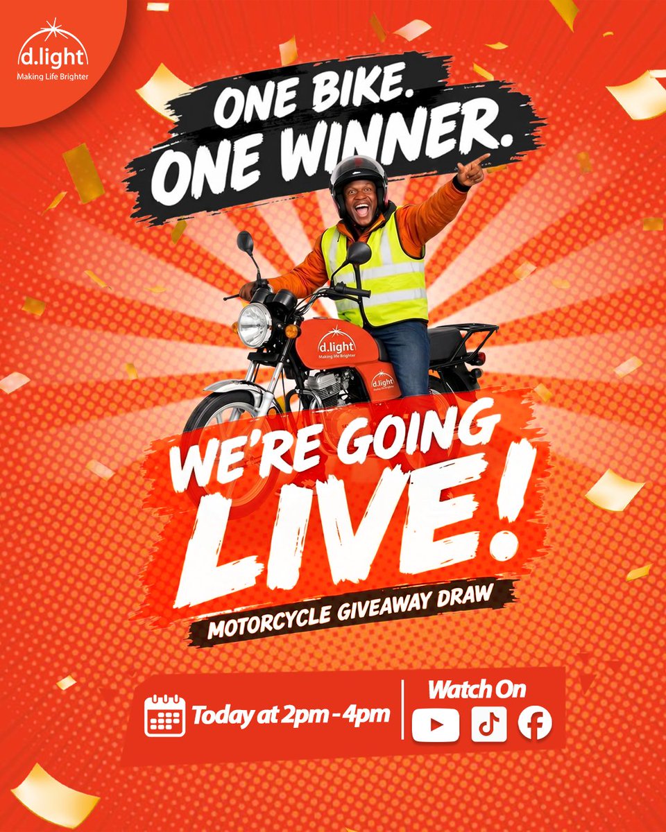 dlight_ug's tweet photo. The countdown is on! 📢 Catch us LIVE today as we draw the lucky winner of a brand-new d.light motorcycle. Don't miss out—watch live on your favorite Social platforms! 🎥🔥#dlightug #wetuli #beyondasalewecare #makinglifebrighter https://t.co/X7OZXXXUwm