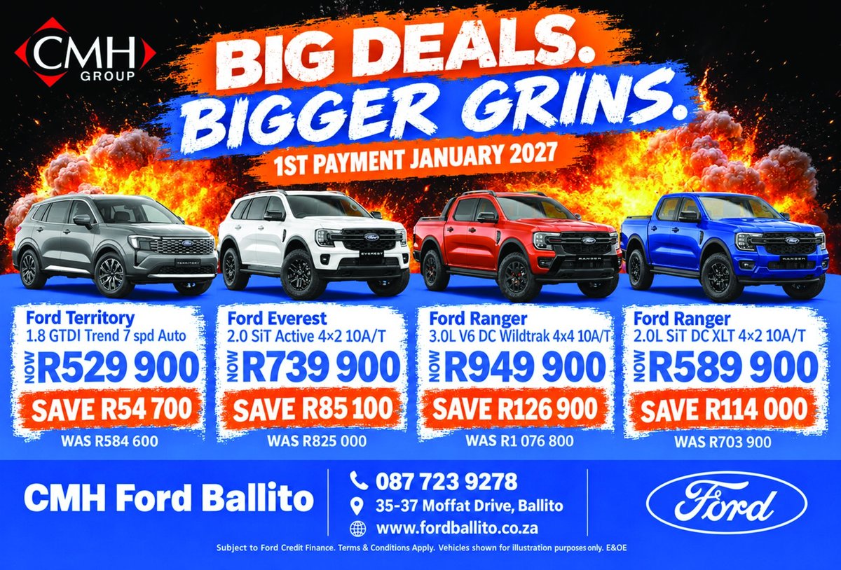 bugletwit's tweet photo. Big deals, bigger grins at CMH Ford Ballito. Territory from R529,900, Everest from R739,900, Ranger V6 Wildtrak from R949,900, Ranger XLT from R589,900, first payment January 2027. 35-37 Moffat Drive, Ballito | 087 723 9278. #CMHFord #TheBugle https://t.co/w7Uf1UVyK4