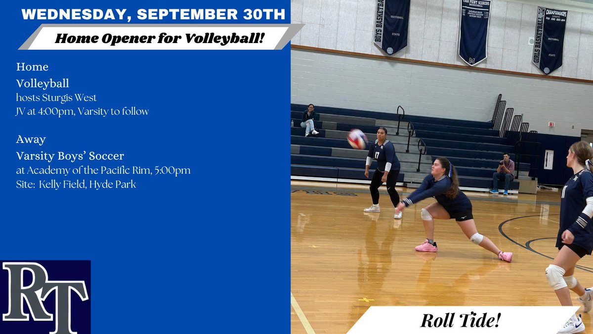 RisingTide1620's tweet photo. Wed. 9/30 schedule:
Volleyball's Home Opener!
Home
V/JV Volleyball host Sturgis West
JV at 4:00pm, Varsity to follow

Away
Varsity Boys' Soccer at Academy of the Pacific Rim, 5:00pm
Site: Kelly Field, Hyde Park https://t.co/tIEEGqfsqZ