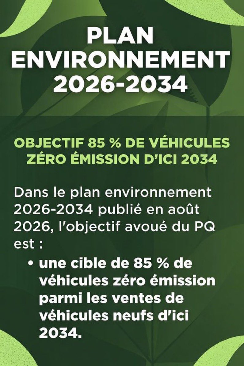 APouliotPCQ's tweet photo. Le PQ veut pratiquement éliminer les voitures à essence d’ici 2034 et vous forcer à acheter des autos électriques. Ça ne changera rien aux émissions de GES.

Depuis 2014, la Bourse du carbone nous a siphonné 12 milliards de $ pour subventionner, entre autres, l’électrification des transports.

Depuis 2014, les émissions de GES ont baissé de 0,17% par année au Québec. C’est l’équivalent annuel de six minutes d’émissions de la Chine. À cette vitesse-là, ça va prendre 178 ans pour atteindre les objectifs de réduction fixés par le Plan vert.

Le @PconservateurQc propose de démanteler la Bourse du carbone, ce qui vous fera sauver 12 cents/litre, et d’abolir le Plan vert. 

Osez pour vrai.