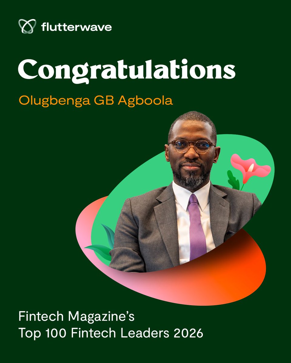 theflutterwave's tweet photo. Only one Nigerian made the list, and it’s OURS✨🇳🇬

Our Founder and CEO, @TechProd_Arch, has been named among The Fintech Magazine’s Top 100 Fintech CEOs 2026, alongside global industry leaders including Patrick Collison (Stripe), Jeremy Allaire (Circle), Brad Garlinghouse (Ripple), and Brian Armstrong (Coinbase). 

From Africa to the world stage. Congratulations, GB! 🎉

#flutterwave #Top100Fintech