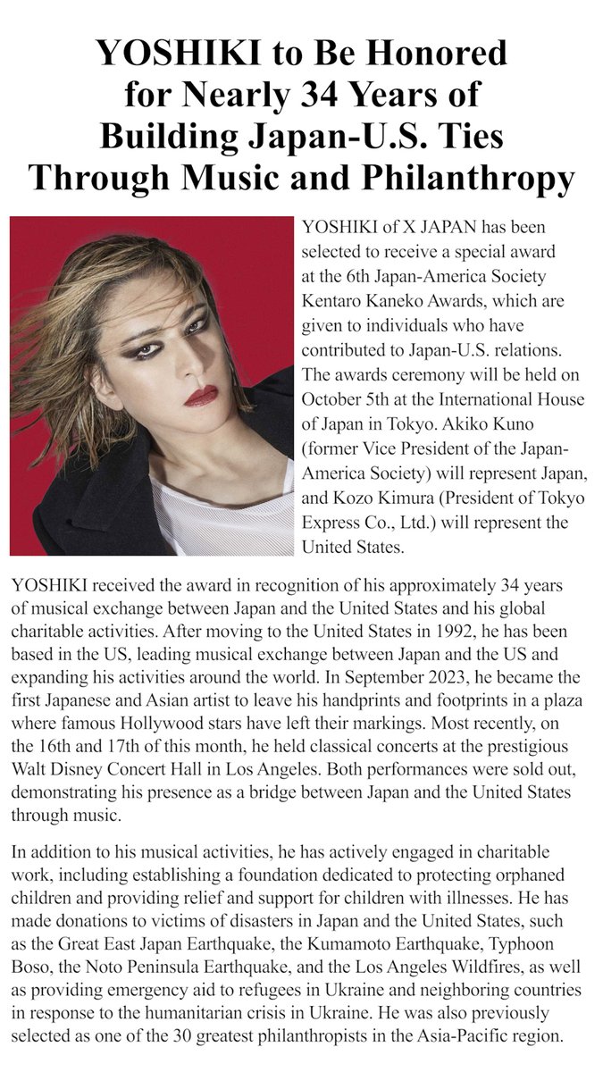 YoshikiOfficial's tweet photo. I’ve just decided to fly to Japan to attend the ceremony on October 5. 
I’m deeply honored to receive this award and grateful for the opportunity to express my thanks in person.

https://t.co/1Vt2kZCSon https://t.co/bhcfyAAKXo