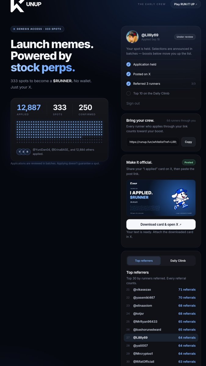 Lilllly69's tweet photo. Only (83) spots are left for the Runner distribution. 
A lot of people are still actively competing and hoping to secure one of those remaining spots.

Unfortunately, I haven’t been selected so far😭😭

But I still believe in fairness and transparency in  @runupdotfun  , and I’m staying involved until the end.

There are only 83 spots left,  good luck to everyone still competing. 

Let’s see who makes it!
As always, run it up