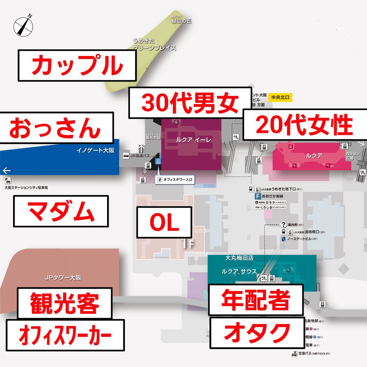 ken_ta_rou's tweet photo. 大阪駅西口高架下にバルチカMがオープン、ということで大阪ステーションシティ各施設のターゲット層を整理しました。エキマルシェ大阪は当初「大人の道草」がコンセプトでしたが、より明確なコンセプトの施設がオープンする度に店舗が入れ替わります。

※その他
エスト→ギャル
新梅田食道街→カオス https://t.co/Cwb3Ptgto8