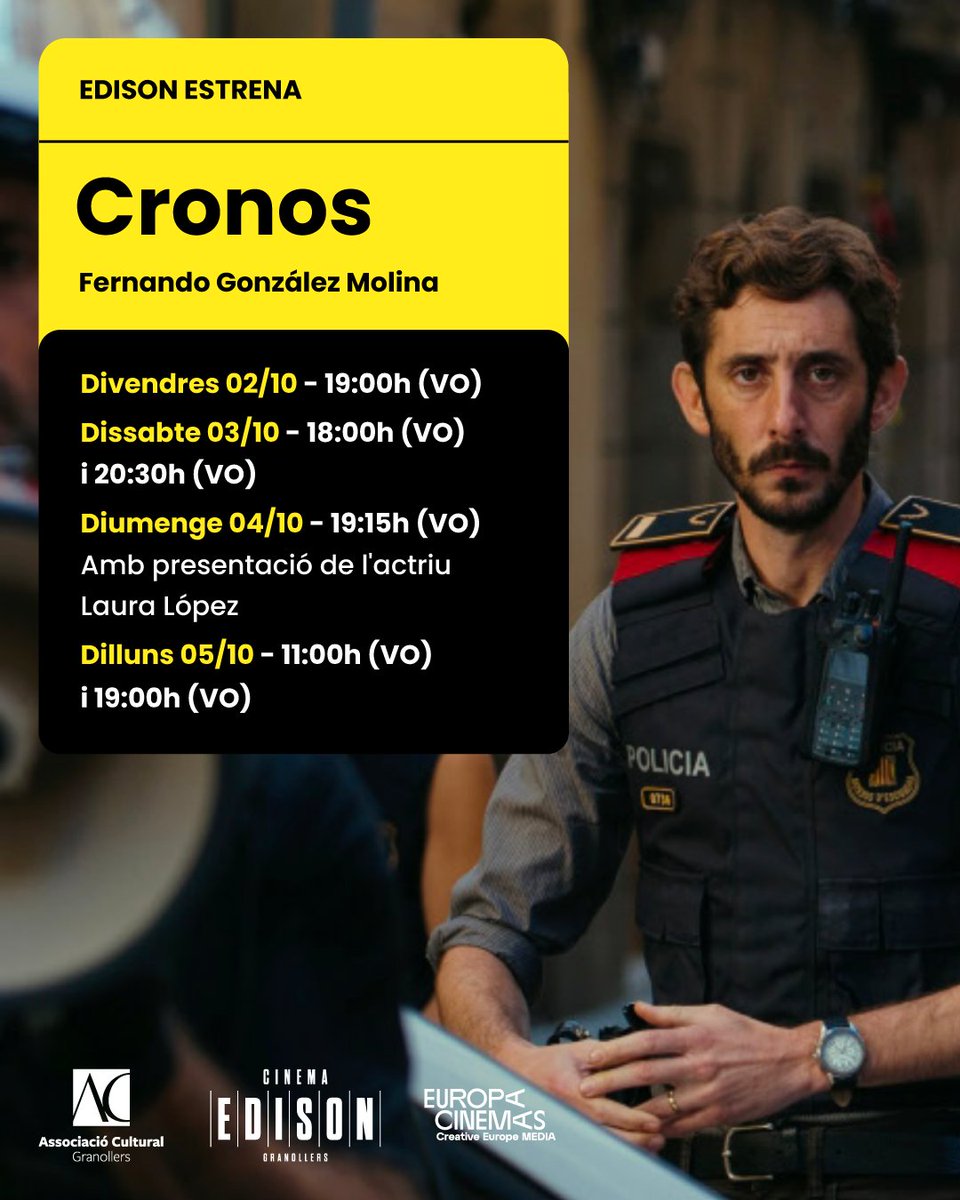 edisoncinema's tweet photo. Els atemptats de la Rambla a…
🎬👮♂️ Cronos #EdisonEstrena
🗓 Divendres 02/10 - 19:00h (VO)
🗓 Dissabte 03/10 - 18:00h (VO) i 20:30h (VO)
🗓 Diumenge 04/10 - 19:15h (VO) - Amb presentació de Laura López
🗓 Dilluns 05/10 - 11:00h (VO) i 19:00h
🎟️ https://t.co/vAtr9sX8QI https://t.co/6gvIB31ma9