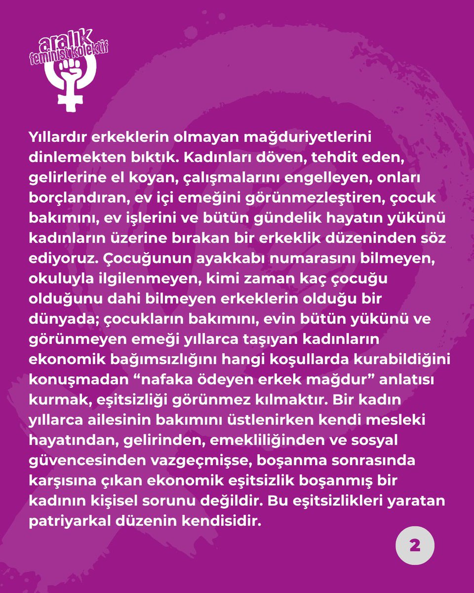 aralikfeminist3's tweet photo. Erkeklerin olmayan mağduriyeti, nafaka hakkımızı gasp etmenin gerekçesi olamaz! 

Erkeklerden alacağımız var! Yıllarca karşılığı ödenmeyen ev içi emeğimizden alacağımız var. Ücretsiz bakım emeğimizden alacağımız var. https://t.co/EvJjbWR99A