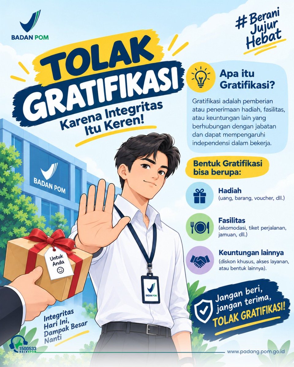 bbpompadang's tweet photo. TOLAK GRATIFIKASI!

Hai #SahabatBPOM #DunsanakBBPOMPadang
 
Integritas bukan sekadar kata, tetapi pilihan yang kita tunjukkan melalui tindakan.

Gratifikasi bisa hadir dalam berbagai bentuk, mulai dari hadiah, uang

#BBPOMPadang #Integritas #EdukasiIntegritas https://t.co/CKlwZTk8xI