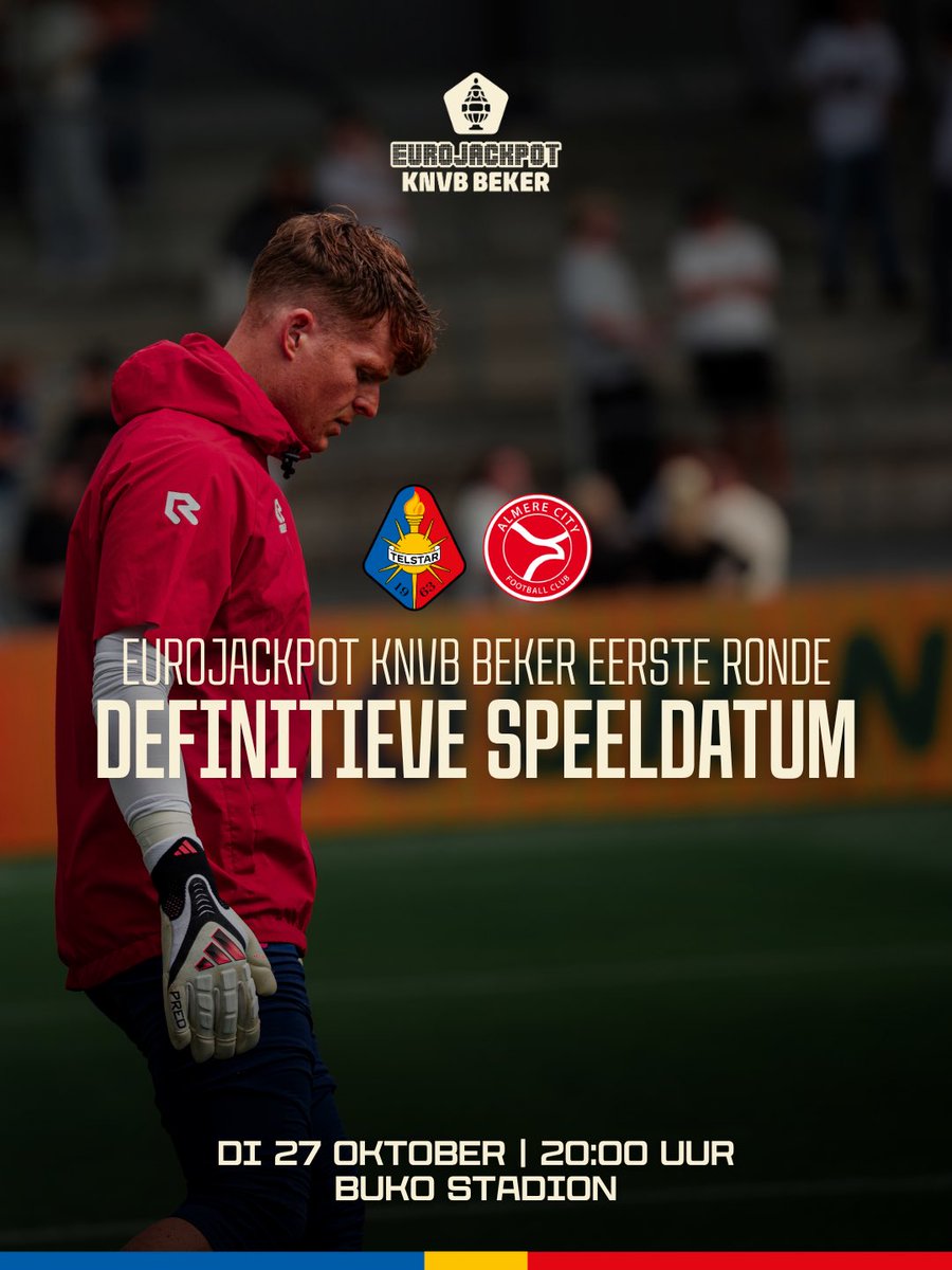 telstar1963nv's tweet photo. 🏆 Definitieve speeldatum van de bekerwedstrijd tegen Almere City! 

De eerste ronde van de Eurojackpot KNVB Beker zal worden gespeeld op dinsdag 27 oktober 20:00. 

Informatie over de kaartverkoop volgt later.

#WitteLeeuwen #TELalm https://t.co/BFGqTIwCZ0