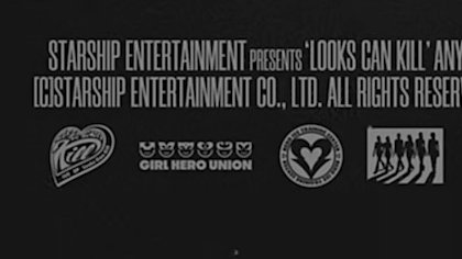 A black title card reading 'STARSHIP ENTERTAINMENT presents "LOOKS CAN KILL" (C) STARSHIP ENTERTAINMENT CO., LTD. ALL RIGHTS RESERVED' alongside logos including 'GIRL HERO UNION'.