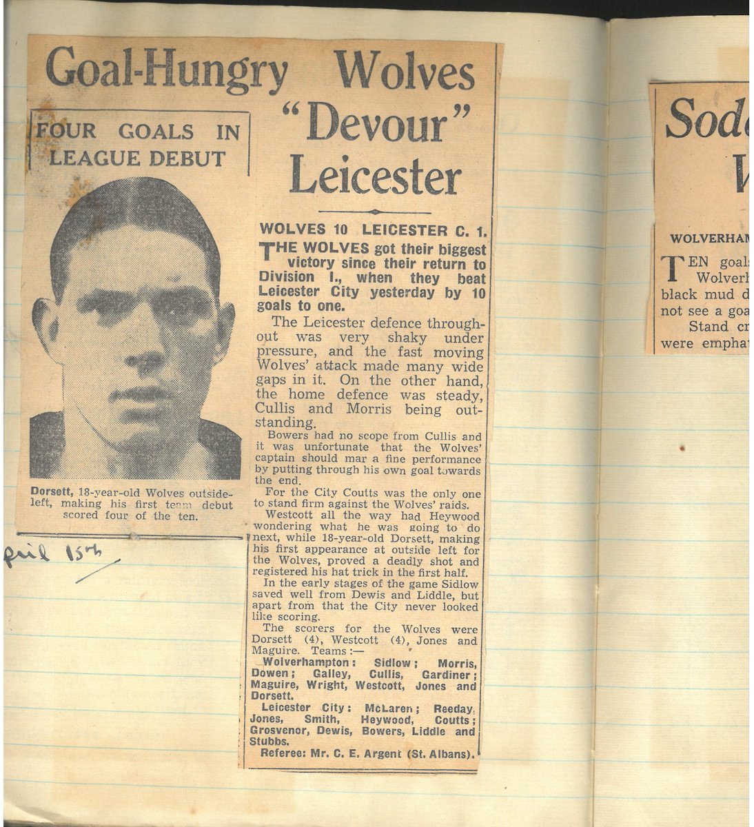 WolvesArchives's tweet photo. Dick Dorsett (1919-1999)
Dick joined @Wolves as a teenager. In April 1938, he scored four goals in a 10-1 thriller against @LCFC , in what was reported as his debut (ref: DW-209/1/3) He later scored Wolves' only goal in the 1939 FA Cup Final.

#Wolves150 #HiddenHeroes https://t.co/87gCn66ByU