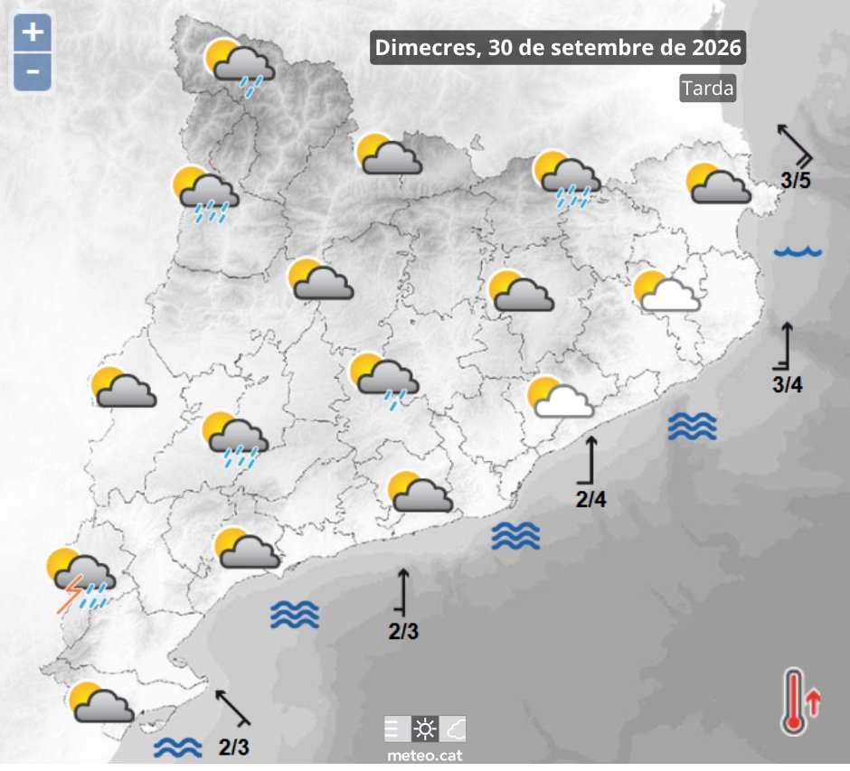 meteocat's tweet photo. Aquesta tarda tindrem una jornada d'impàs entre ahir i demà. Amb tot, esperem: 
🌥️cel cobert en general, amb algunes estones de sol ☔️alguns ruixats, especialment a la meitat oest, i més importants al Massís dels Ports 
⛈️ demà tarda la precipitació serà més general i abundant. https://t.co/9fwQsWR9hv