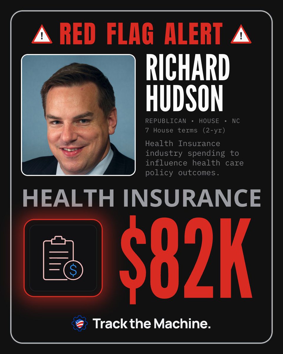 TurnLeftPAC's tweet photo. π© RED FLAG: Per @TrackTheMachine, FEC reports show Richard Hudson (R-NC) has received $82K in total donations from the health insurance industry. Track the money, all the way to the vote. #TrackTheMachine https://t.co/8W7ZVjrsTT