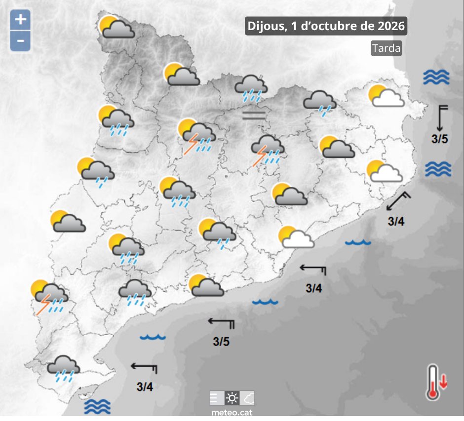 meteocat's tweet photo. Aquesta tarda tindrem una jornada d'impàs entre ahir i demà. Amb tot, esperem: 
🌥️cel cobert en general, amb algunes estones de sol ☔️alguns ruixats, especialment a la meitat oest, i més importants al Massís dels Ports 
⛈️ demà tarda la precipitació serà més general i abundant. https://t.co/9fwQsWR9hv