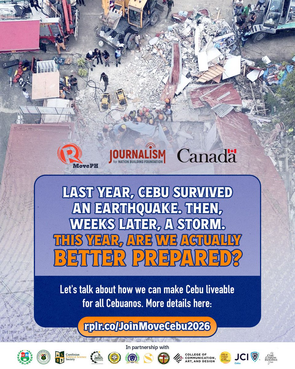 rapplerdotcom's tweet photo. Cebu got hit twice in one breath last year, from earthquakes to storms. Yet we’re still asking the same question: Are we actually prepared?

It’s time to have the conversation about what it takes to make Cebu truly liveable and resilient.

Join us at the #MoveCebu roadshow this October. Bring your questions, experiences, and ideas to the conversation.

Know more details and register through the link in the comments section.