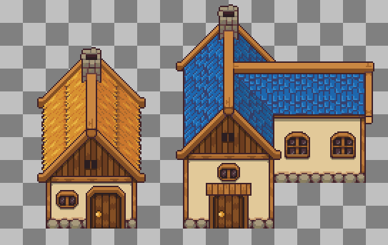 A pixel art illustration shows two medieval-style buildings on a transparent checkered background; the left house has a yellow thatched roof, while the larger right structure features a blue tiled roof and stone foundation.