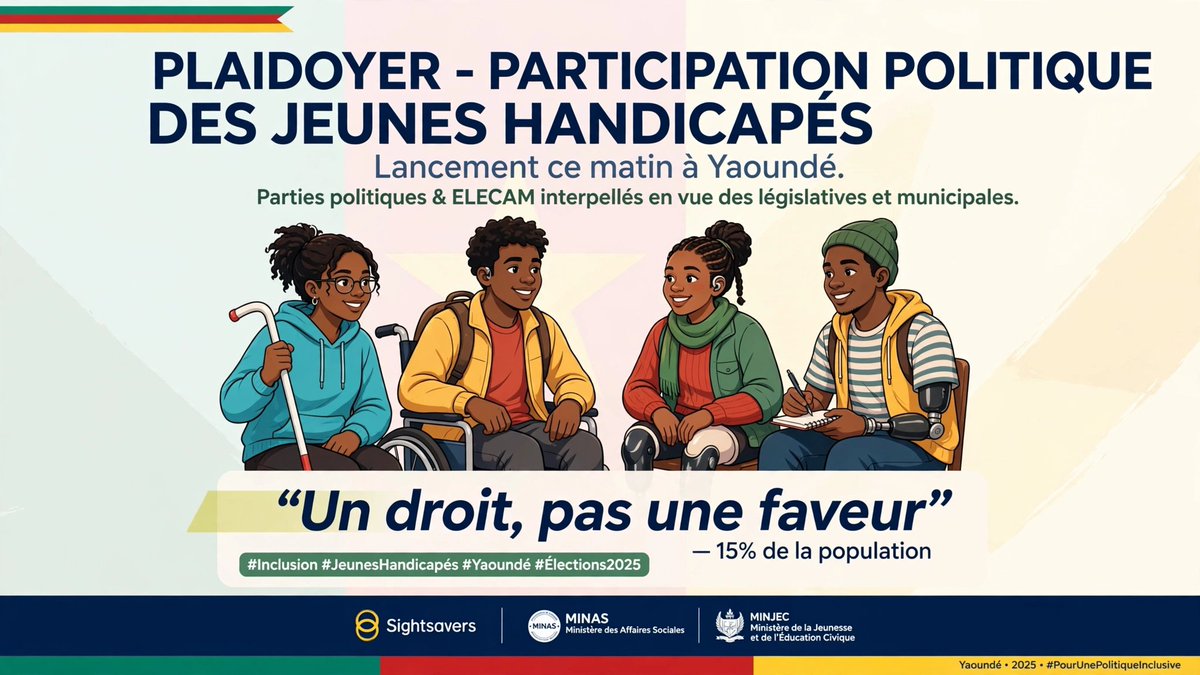 elsanjiale's tweet photo. "Selon l'article 29 de la Convention des Nations Unies, ratifiée par le Cameroun le 28 décembre, la participation politique des personnes handicapées n'est pas une faveur, c'est une obligation juridique."
Dr Ayo Martin, Minas
#ABCInclusion
#HandicapEtPolitique https://t.co/uWJ5o01nSx