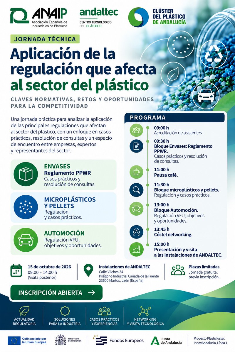 andaltec's tweet photo. 🔬 FORMACIÓN: "Aplicación de la regulación que afecta al sector del plástico" 

📅 15 de octubre 📍 en Andaltec 
📑 Organiza: @andaltec, @clusterplastico, @ANAIP_es 

🎟️ Inscripción gratuita https://t.co/oh5BabutqS

#Andaltec #Formación #JornadaTécnica #PPWR #Microplásticos https://t.co/fMehOlVOvr